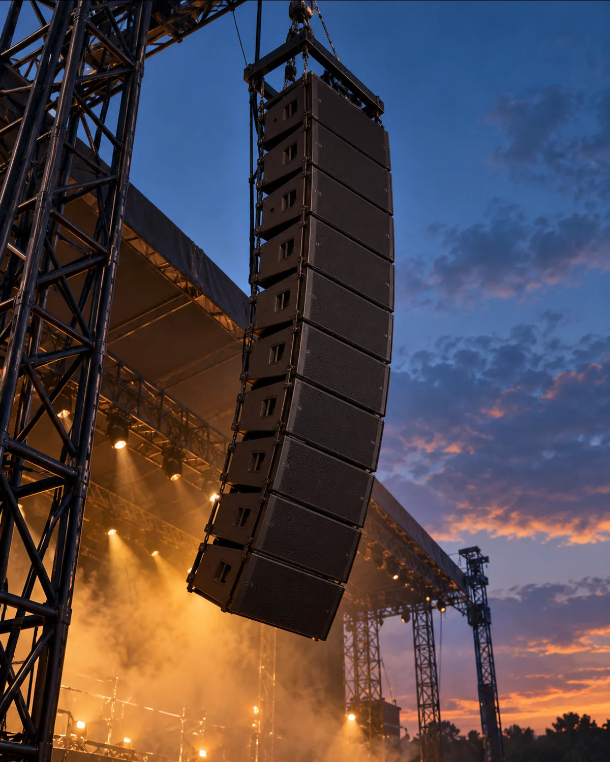 Line array speaker hang flown over an outdoor festival stage at dusk