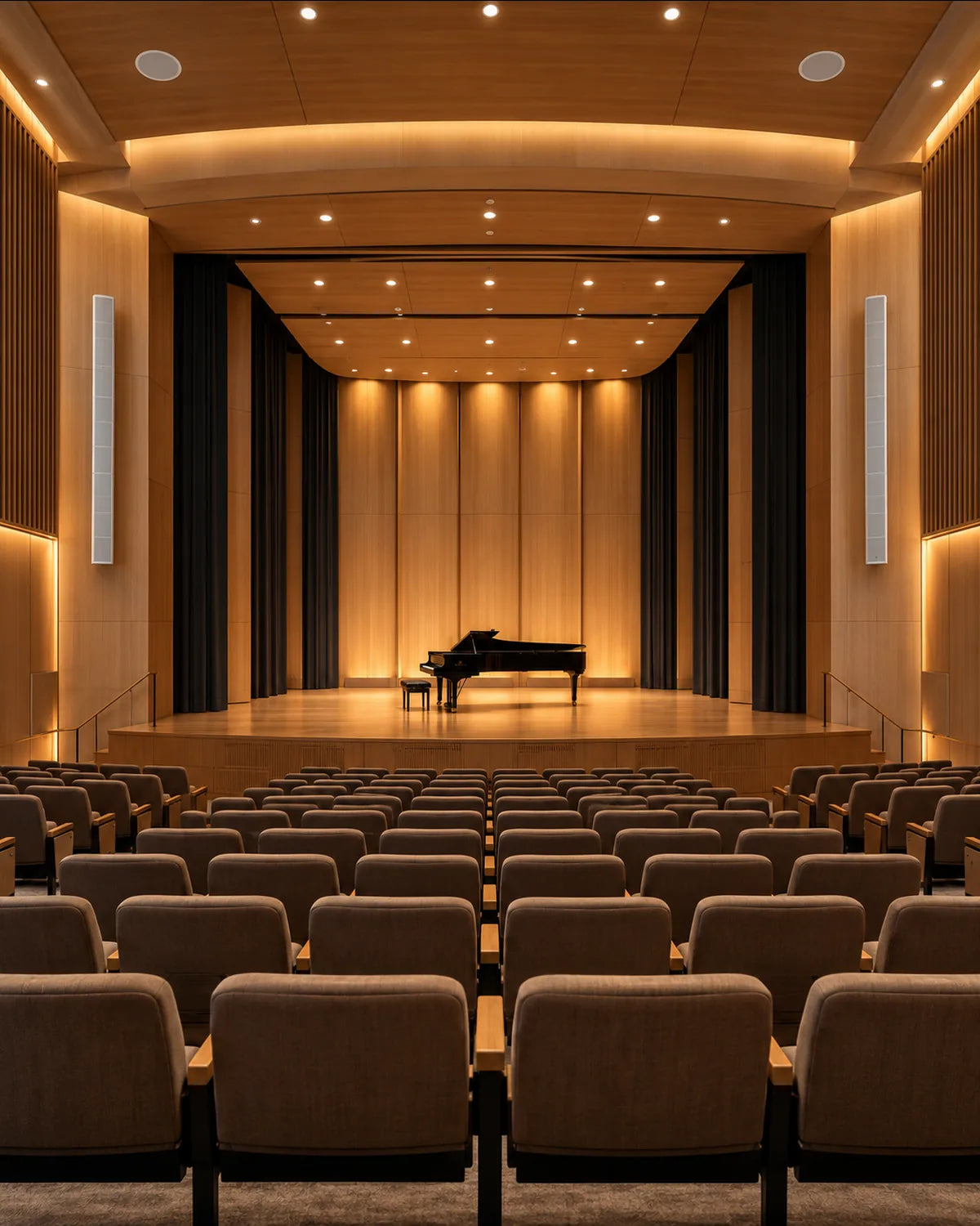 Performing arts auditorium with wall-mounted column speakers and ceiling speakers
