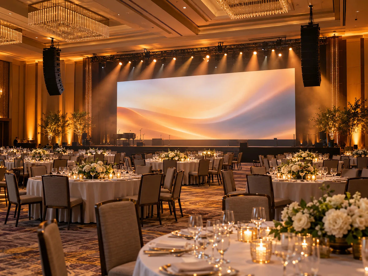 Corporate gala ballroom with flown line arrays, an LED screen and amber uplighting