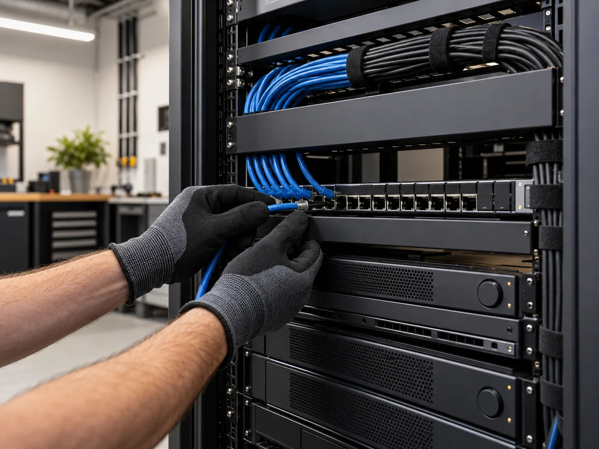 Technician dressing network cables in an equipment rack with power amplifiers