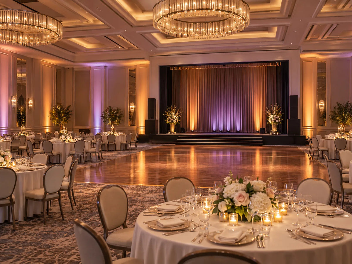 Event center banquet hall with chandeliers, uplighting, a dance floor and a stage