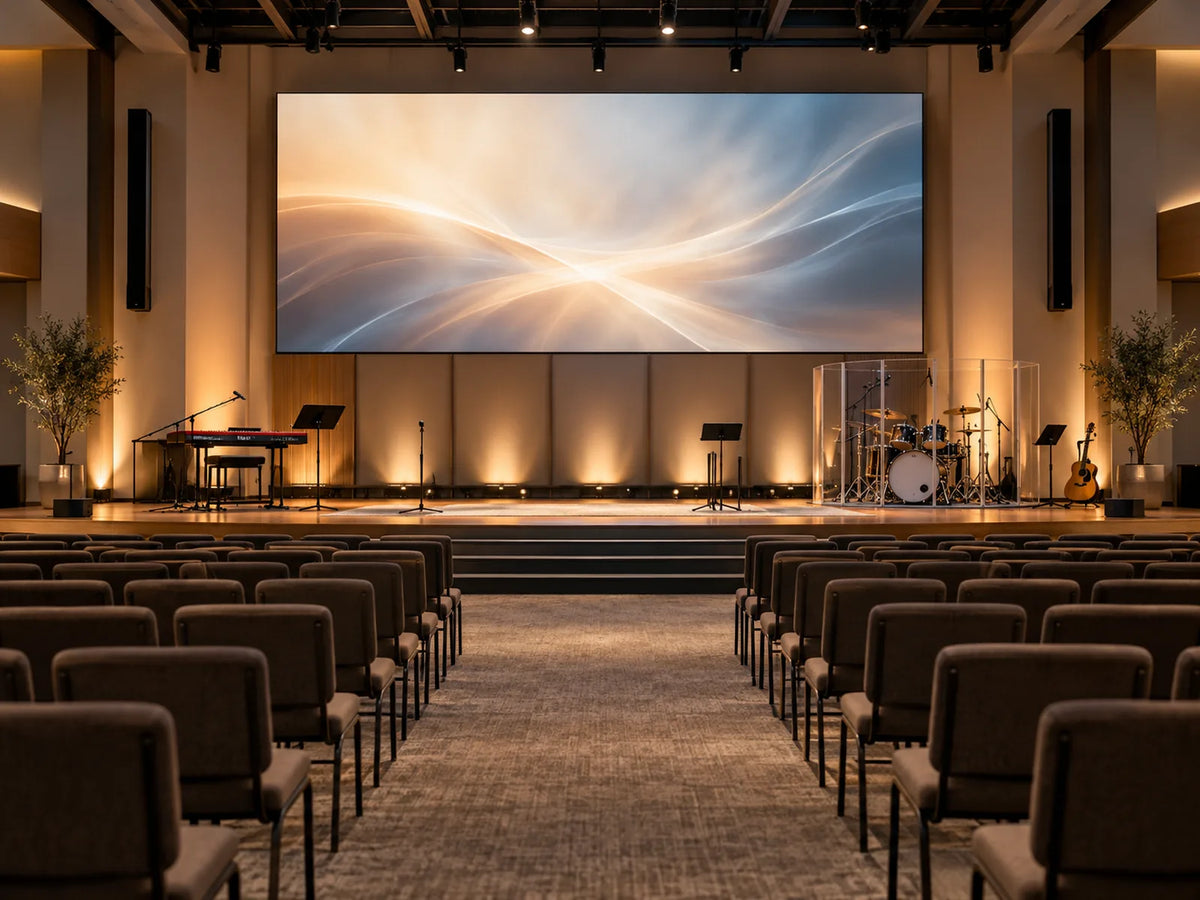 Contemporary worship sanctuary with an LED screen, column speakers and a lit stage